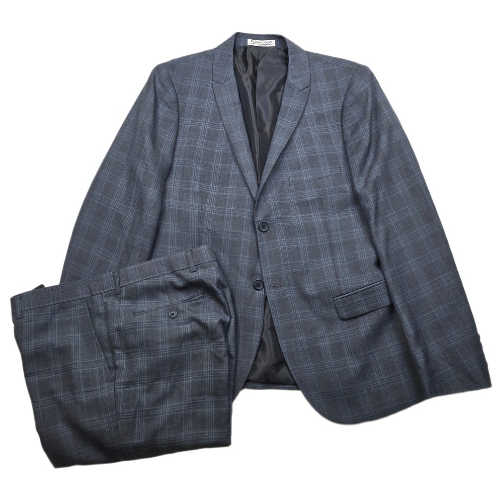 Paisley & Gray Slim Fit Suit Mens‎ 40S 40 2 Piece Pants 34x29 Gray Blue Plaid